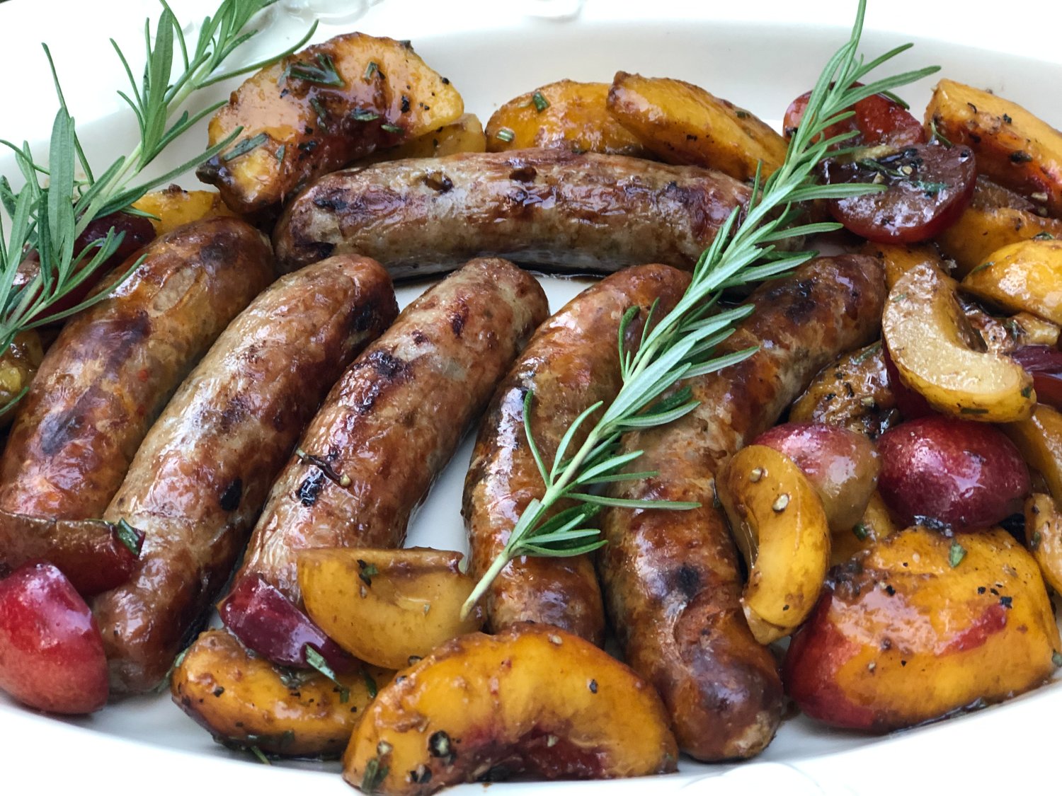 Ron Suhanosky’s Grilled Sausages with Macerated Stone Fruits and Rosemary.