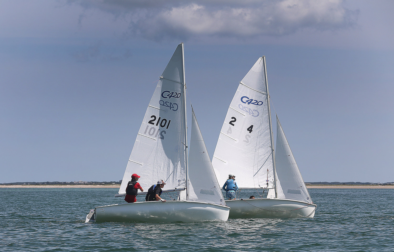 Two 420s race after the start on Tuesday.