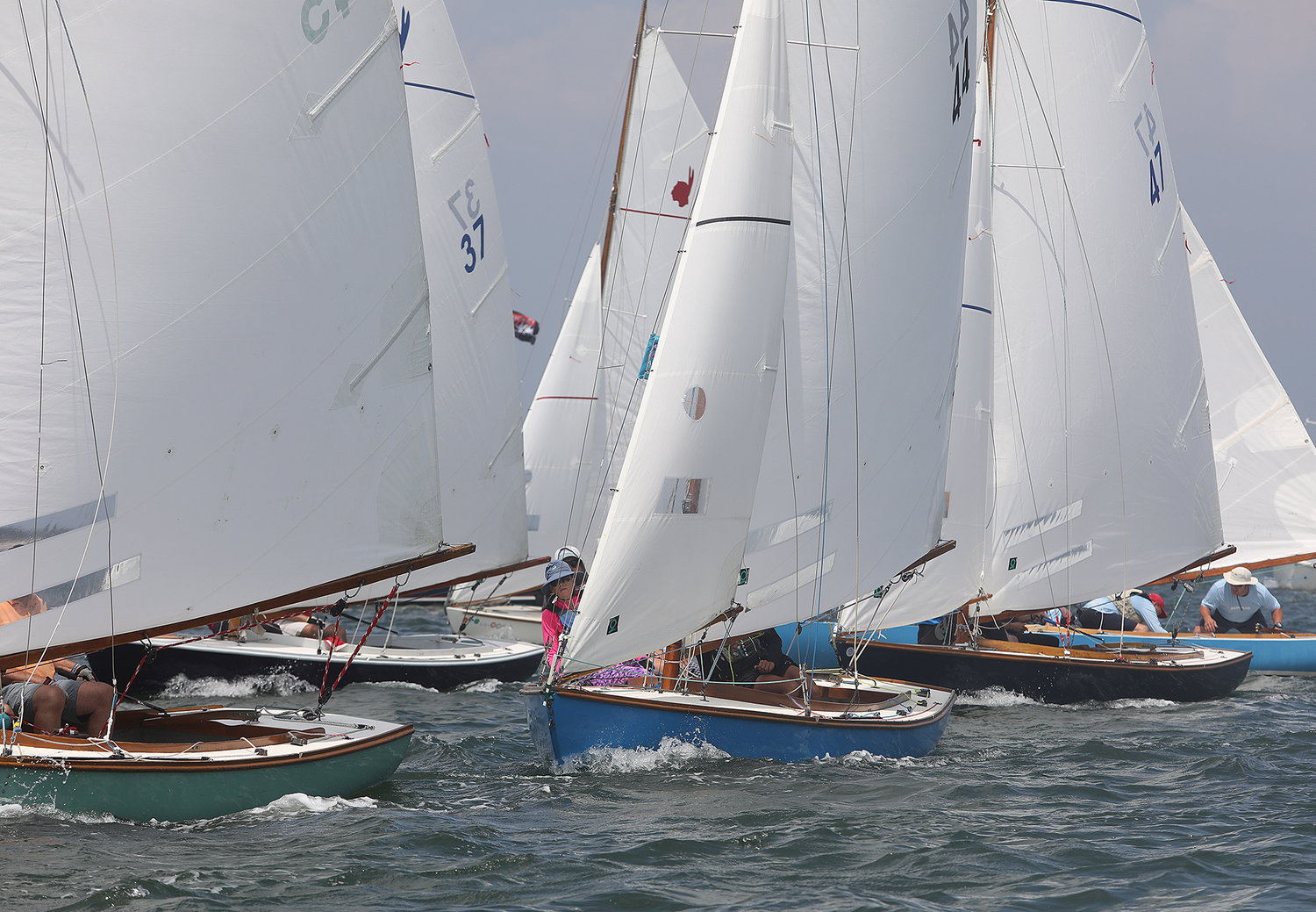 Indians after the start of the One Design Regatta in Nantucket Harbor on the opening day of Race Week 2021.