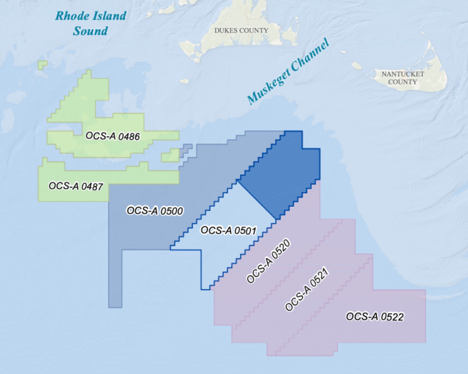 Vineyard Wind's recently approved $2.8 billion offshore-energy project, in dark blue, is the first of several slated for the Atlantic south of Rhode Island, Martha's Vineyard and Nantucket.