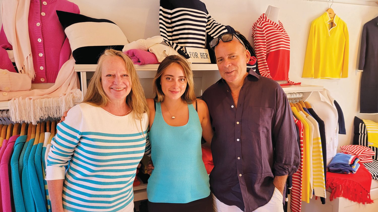 Amy, Ella and Peter England in the Peter England Nantucket clothing store at 3 Old South Wharf.
