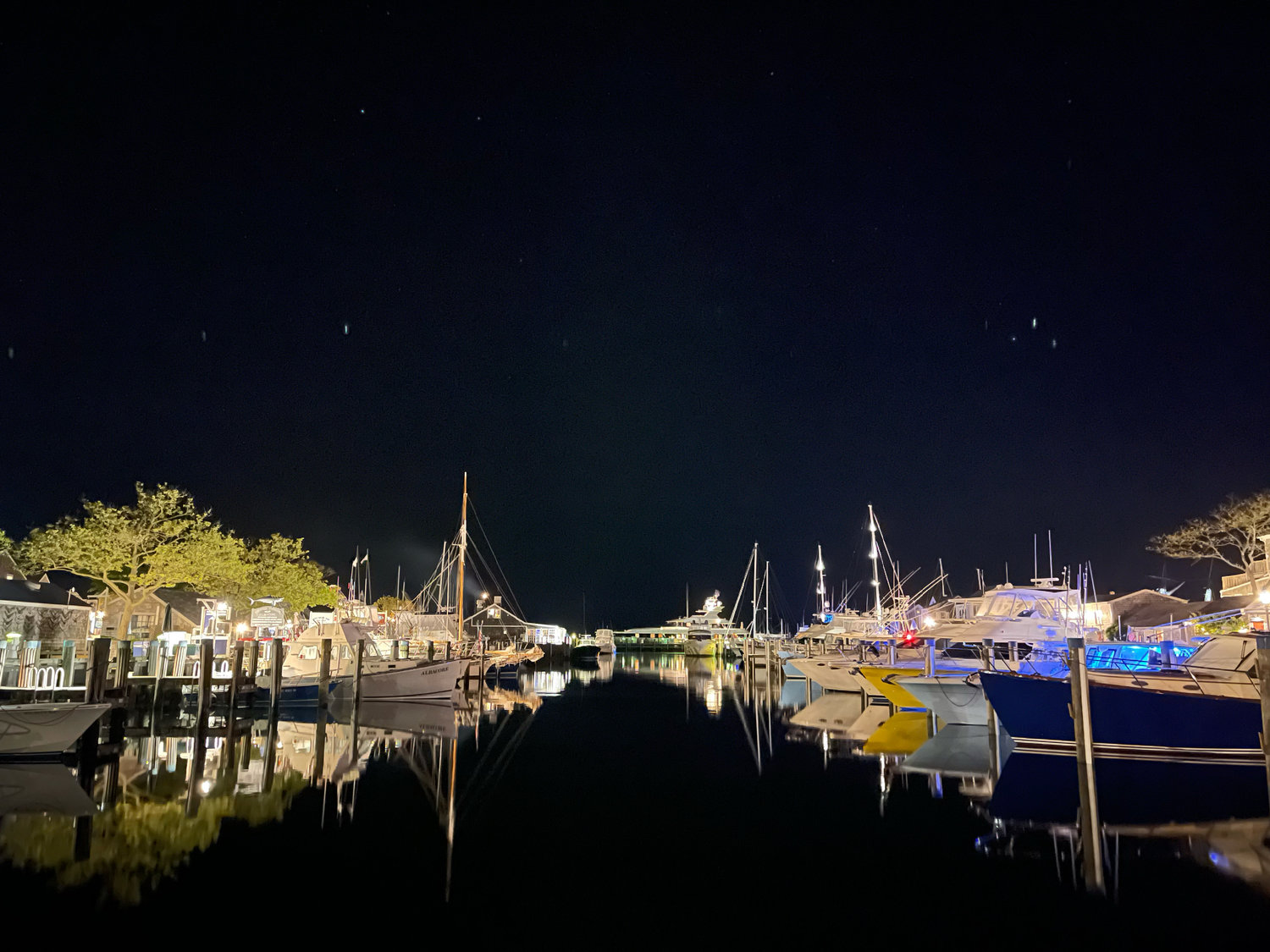 The Nantucket Boat Basin after dark.