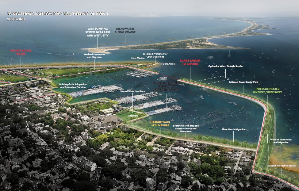 One long-term strategy laid out in the town’s draft coastal-resilience plan includes a surge barrier from Brant Point to the Nantucket Harbor Creeks, aimed at protecting the waterfront from storm surge.