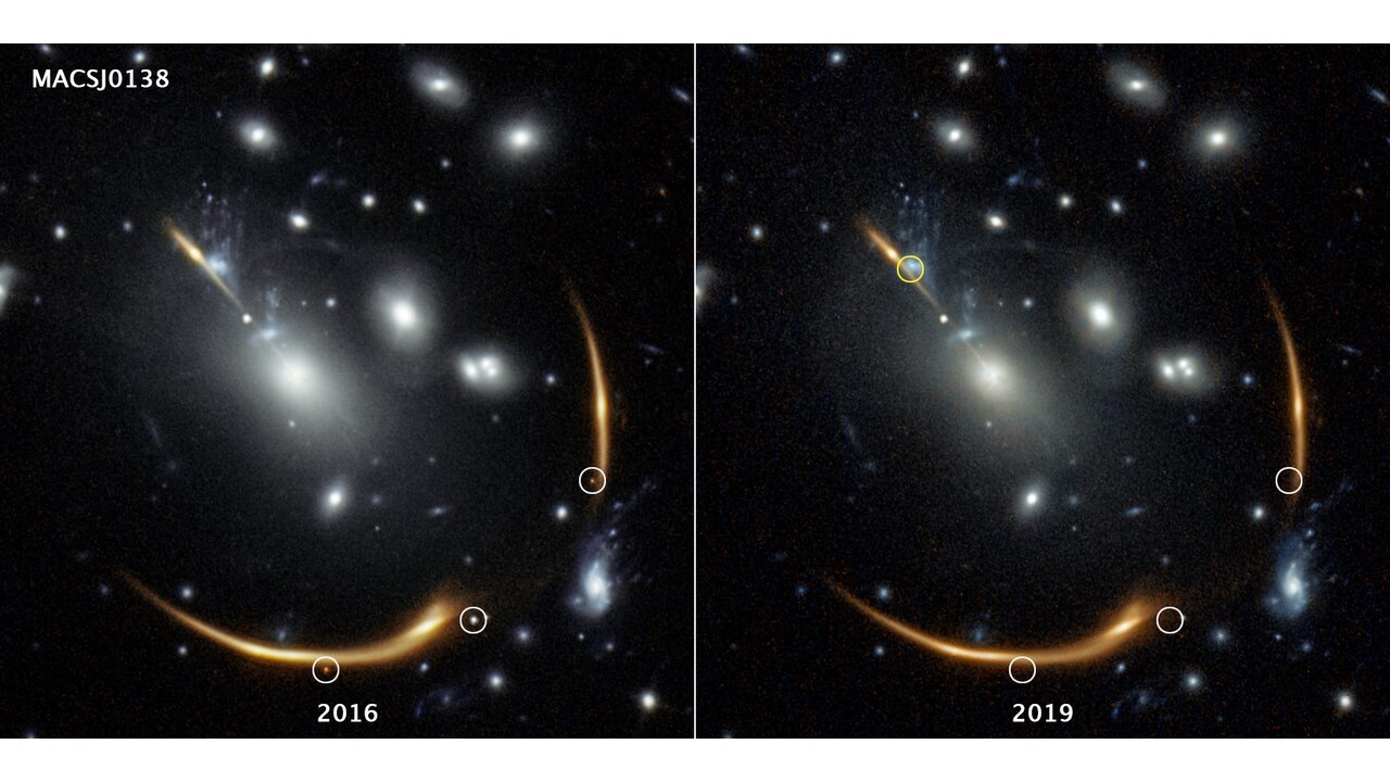 Three views of the same supernova, circled in the 2016 image on the left, taken by the Hubble Space Telescope. They’re gone in the 2019 image. The distant supernova, named Requiem, is embedded in the giant galaxy cluster MACS J0138. The cluster is so massive that its powerful gravity bends and magnifies the light from the supernova, located in a galaxy far behind it.