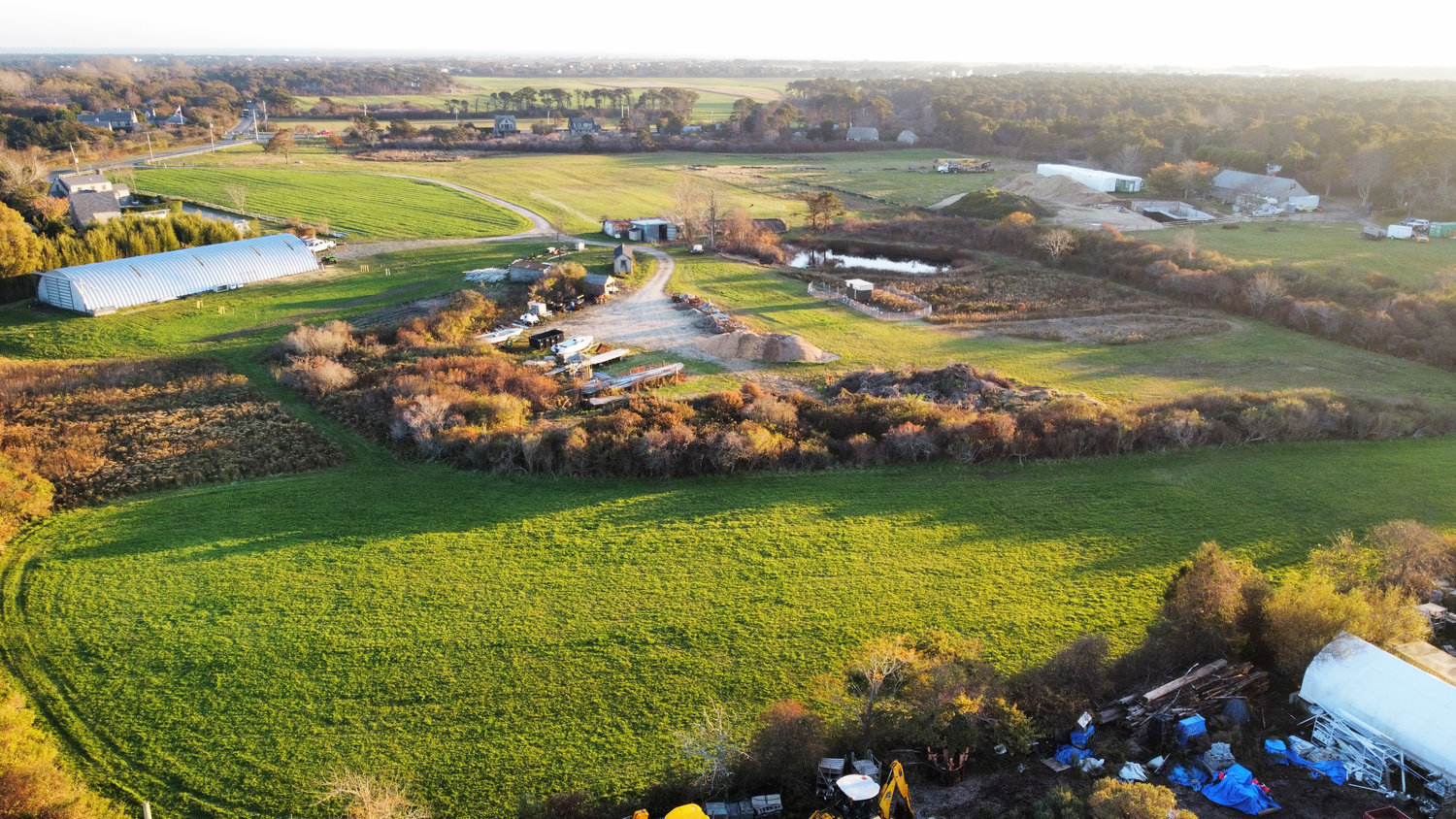 An aerial view of My Grandfather’s Farm off Hummock Pond Road. The Larrabee family has a 90-year lease on the property with the Land Bank to keep it in agriculture.