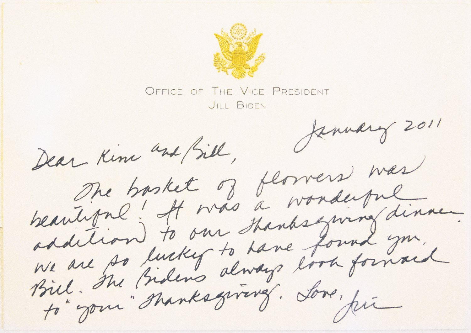 A hand-written note from then Vice President Joe Biden to Faregrounds owners Bill and Kim Puder hangs in the restaurant.