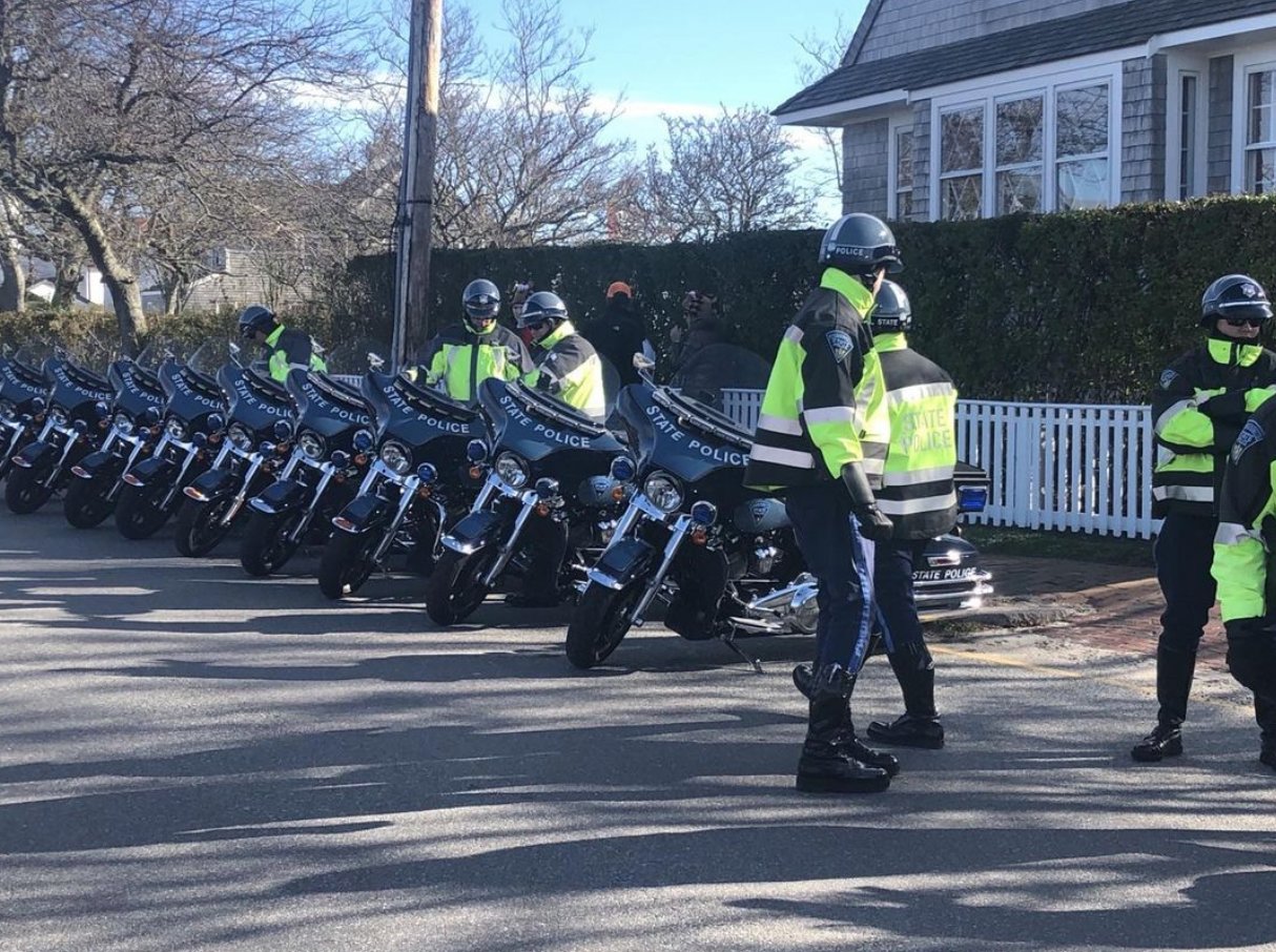 State Police motorcycles line Easton Street while President Joe Biden visits U.S. Coast Guard Station Brant Point.