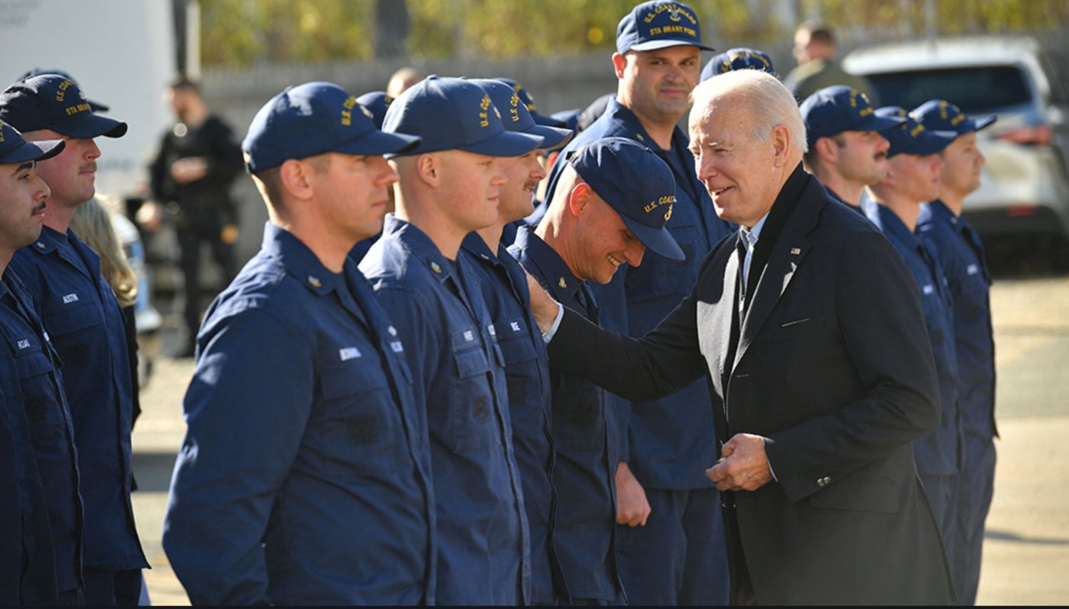President Joe Biden greets members of U.S. Coast Guard Station Brant Point Thanksgiving morning.