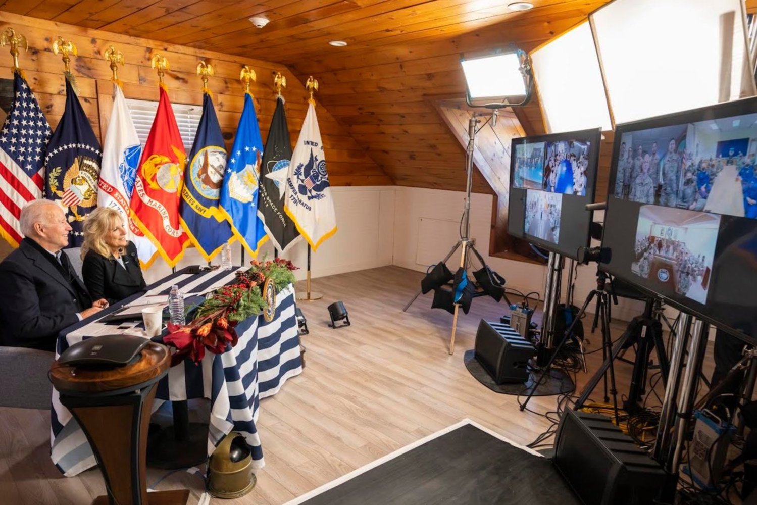 The president and first lady send a virtual Thanksgiving message to the troops from U.S. Coast Guard Station Brant Point Thursday.