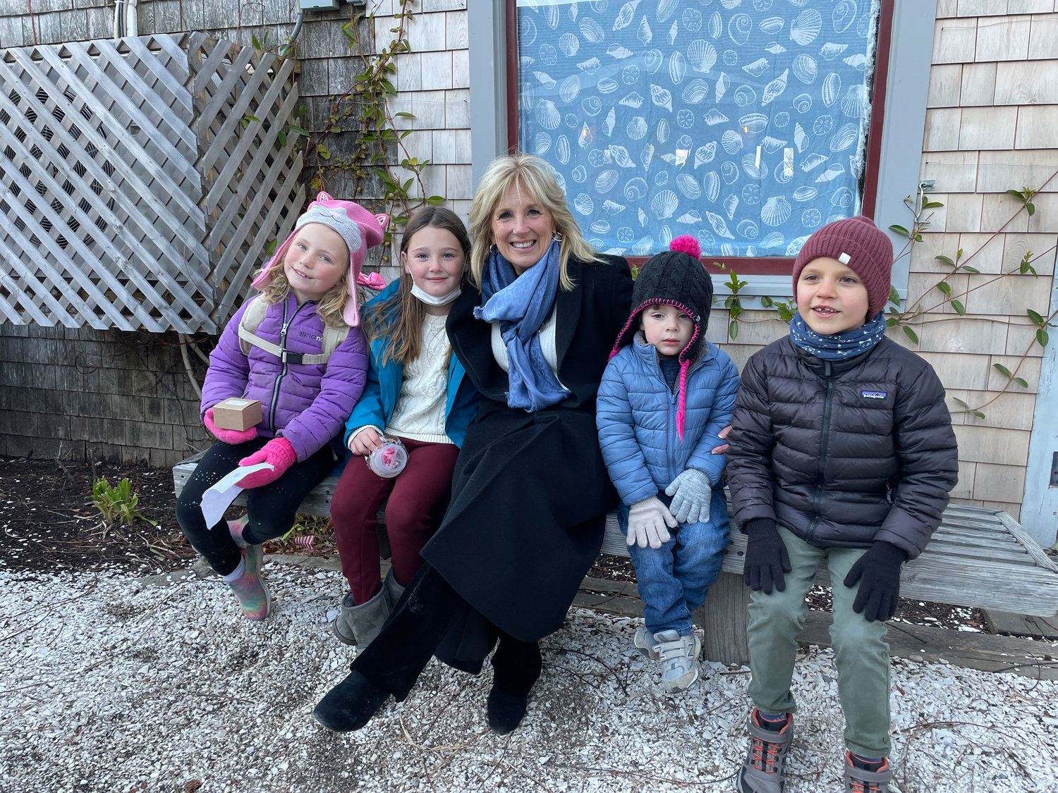 First Lady Jill Biden with Rosey Baker, Una Wixted, Desmond Wixted and Mykolas Zilyte outside Slip 14 Saturday.