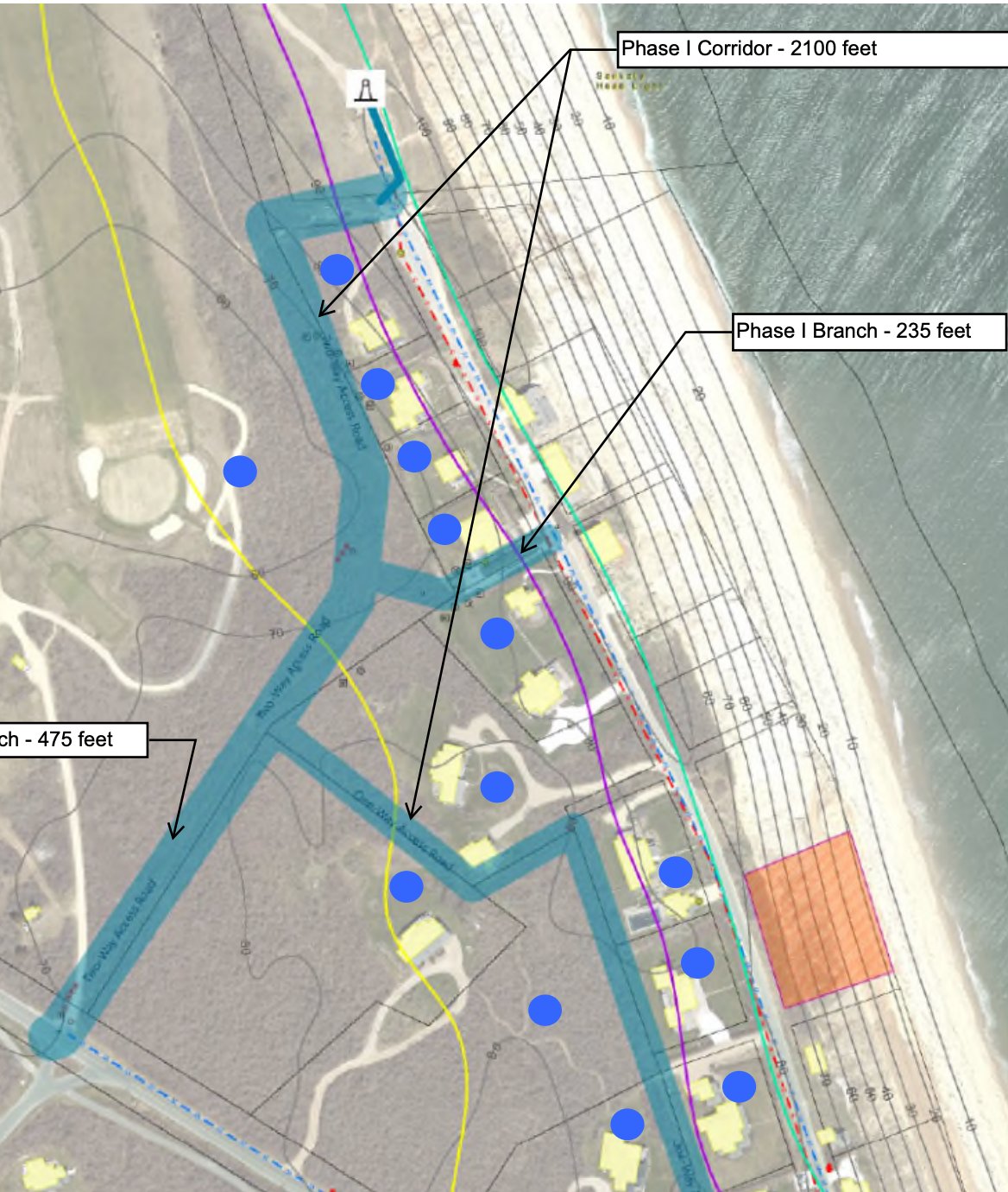 The blue lines denote proposed alternative access and the relocation of Baxter Road along the Sconset Bluff as waterfront property is lost to erosion.