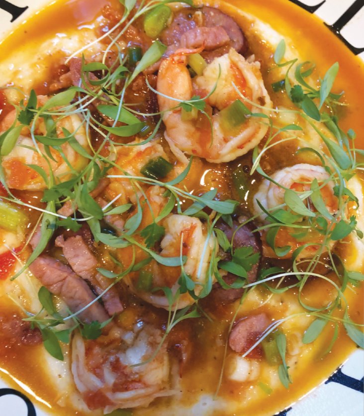 The flavor of this Shrimp and Grits recipe is heightened by the addition of not only applewood-smoked ham, but high-quality kielbasa.