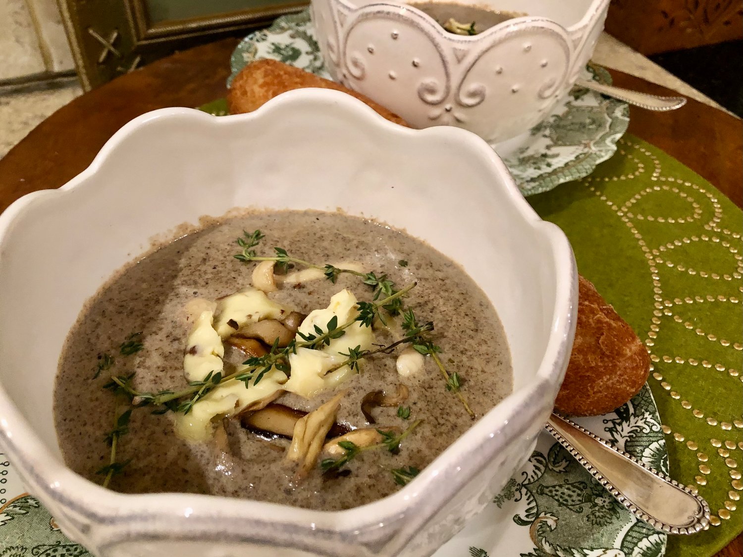 This version of chef Fraser Ellis’ mushroom bisque is topped with sautéed mushrooms and brie cheese.