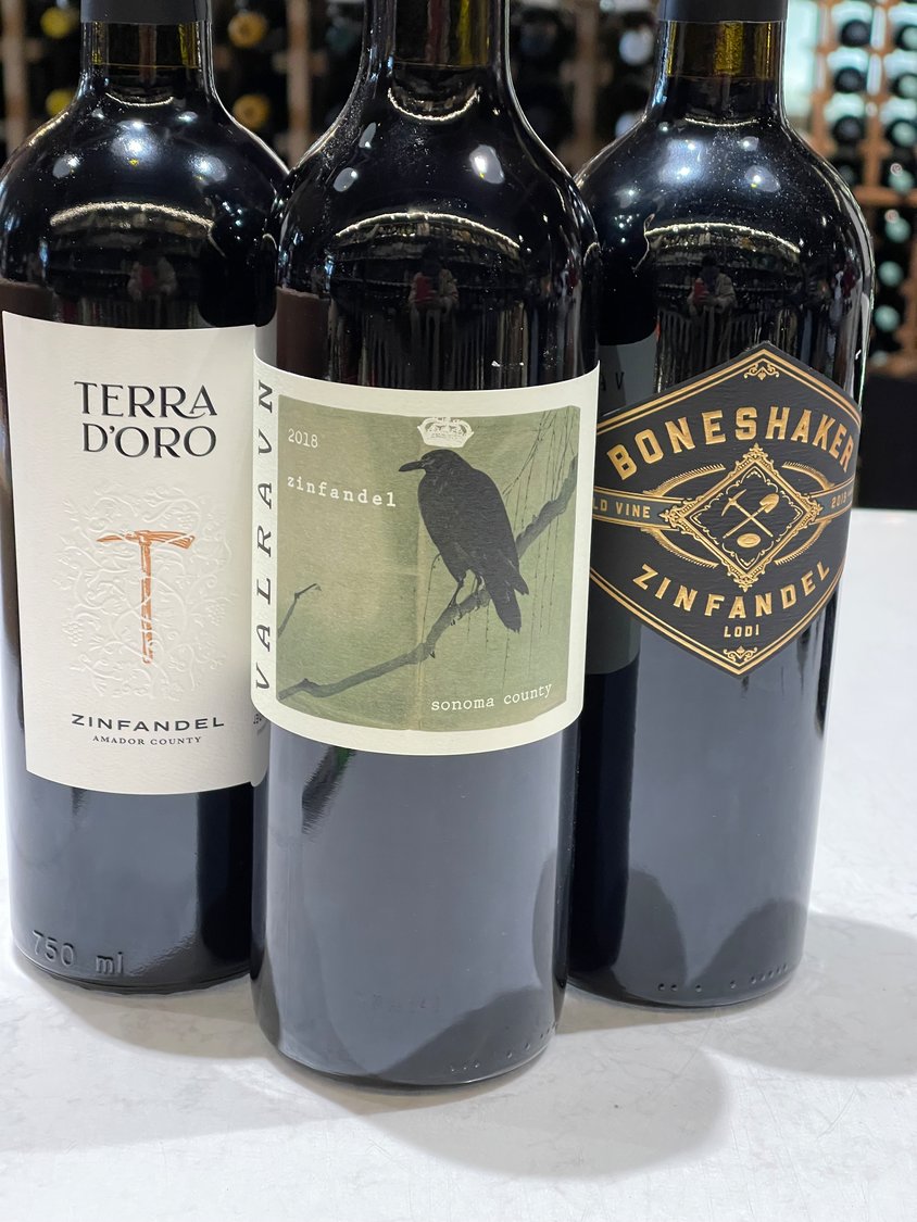A trio of California Zinfandels: Terra D’Oro from the Sierra Foothills, Valravn from Dry Creek Valley in Sonoma County and Boneshaker from Lodi.