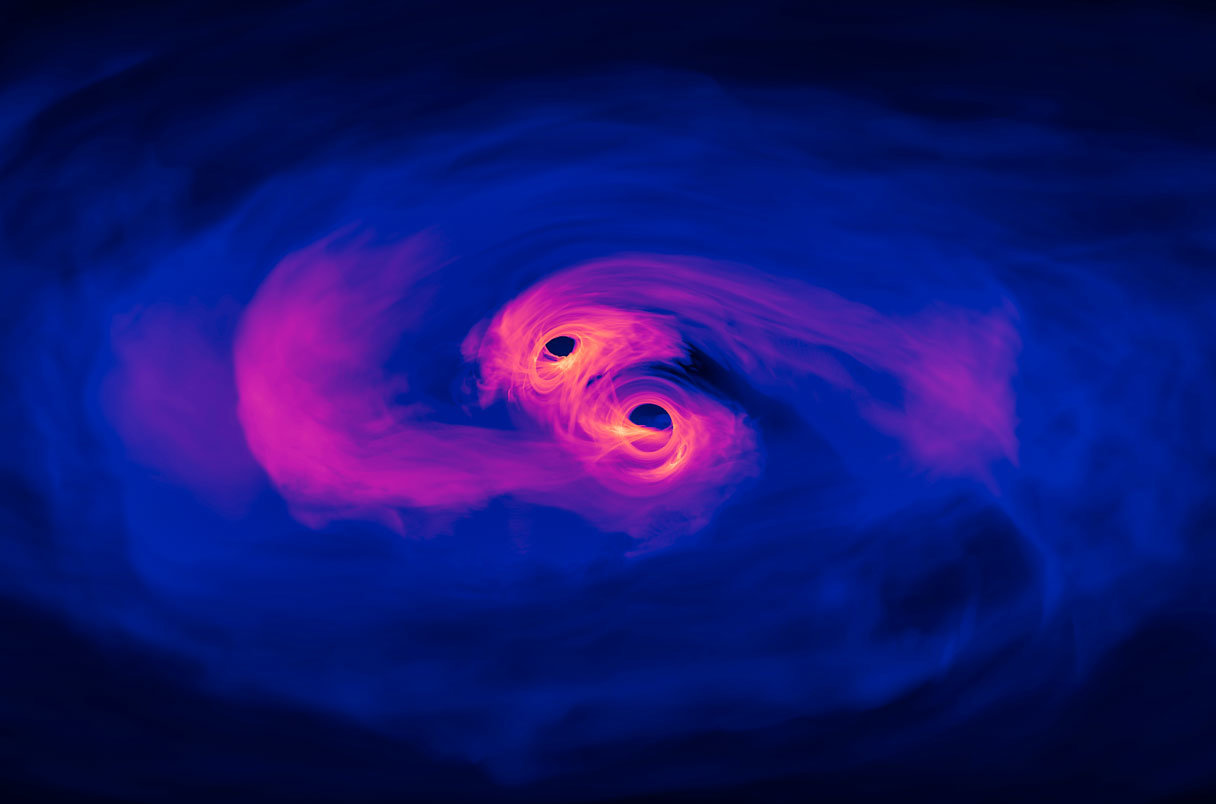 In this simulation, a pair of supermassive black holes is on the cusp of merging, an event astronomers have longed to witness.