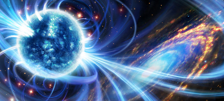 An artist’s rendering of a sparkling magnetar, among ancient stars on the outskirts of the spiral galaxy Messier 81.