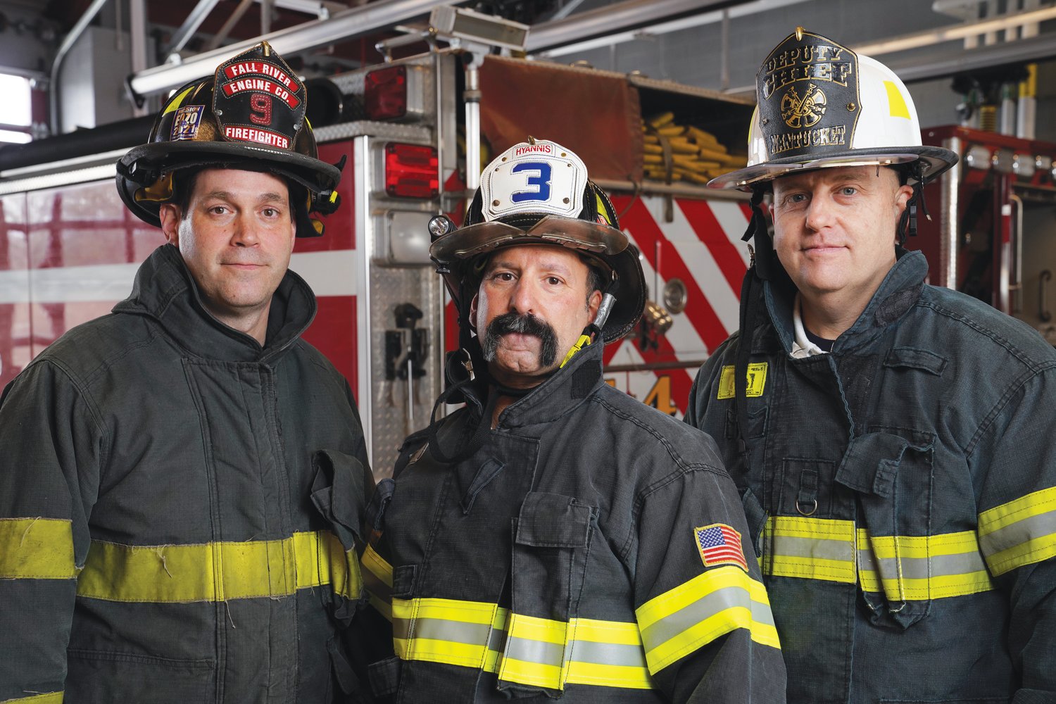 From left, Fall River firefighter Jason Burns, Hyannis firefighter Paul Medeiros and Nantucket deputy fire chief Sean Mitchell. The trio are leading the charge to determine the impact of the dangerous chemicals PFAS in firefighting turnout gear.
