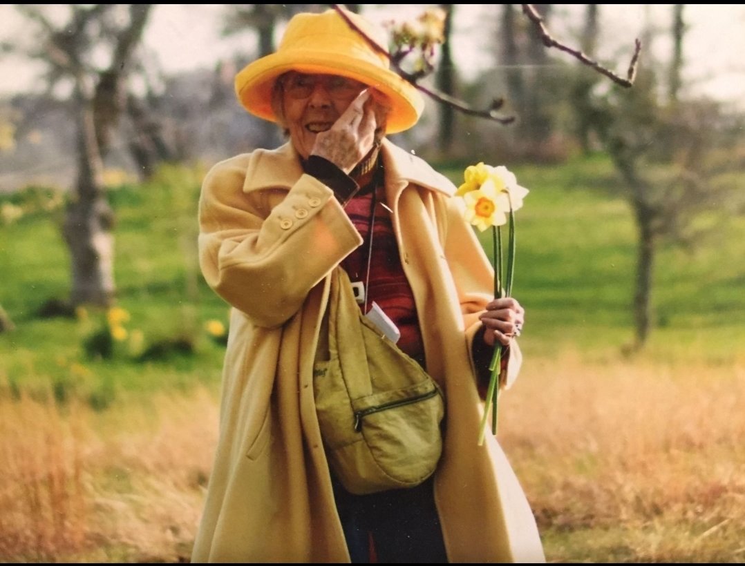 Grace Tuttle Noyes, now 94, with her daffodils.