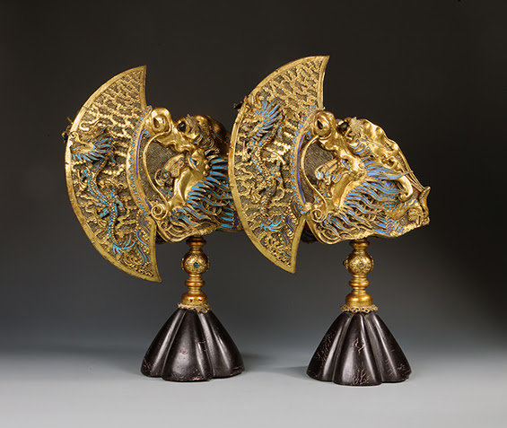 A pair of gilded, kingfisher feathered finials from the imperial thrown at The Summer Palace in Beijing.