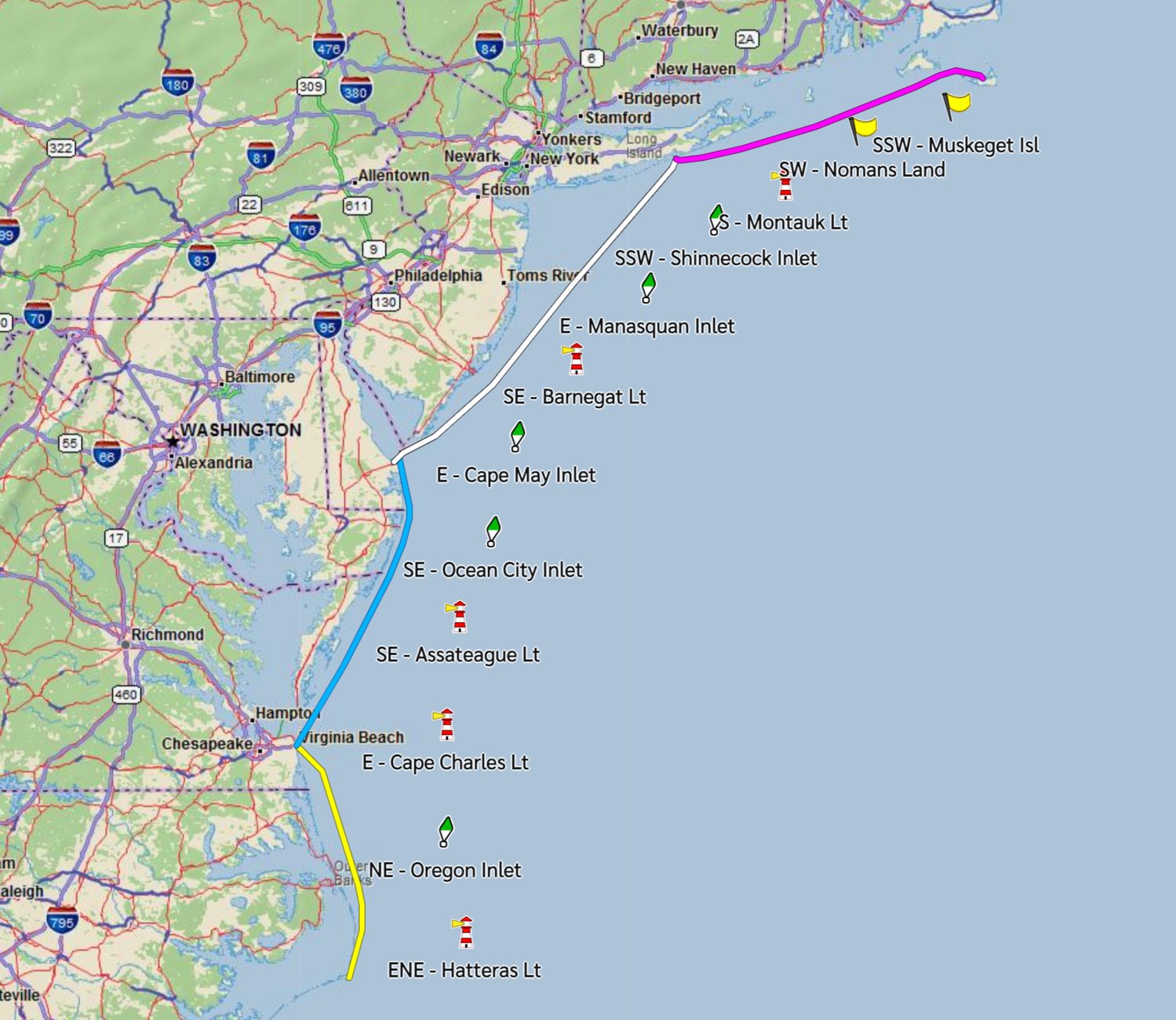 The four-phase route Adam Nagler plans to take. He is attempting to come to shore just three times to resupply.