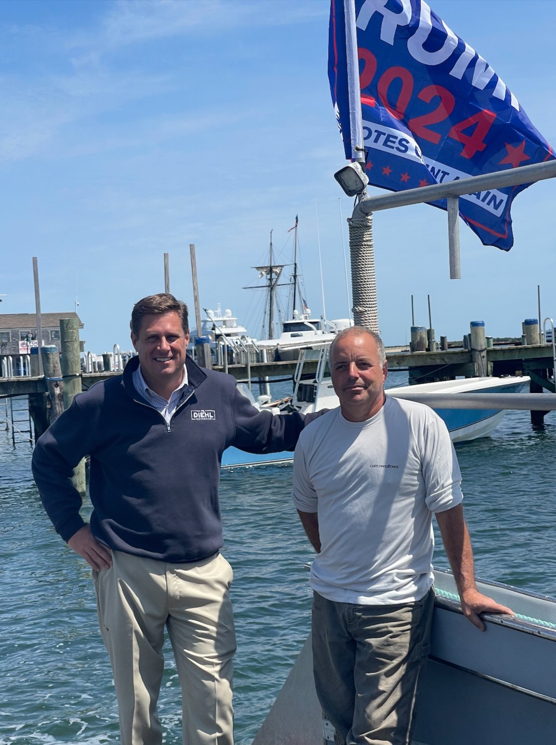 Republican candidate for governor Geoff Diehl and island lobsterman Dan Pronk on Pronk’s boat last week.