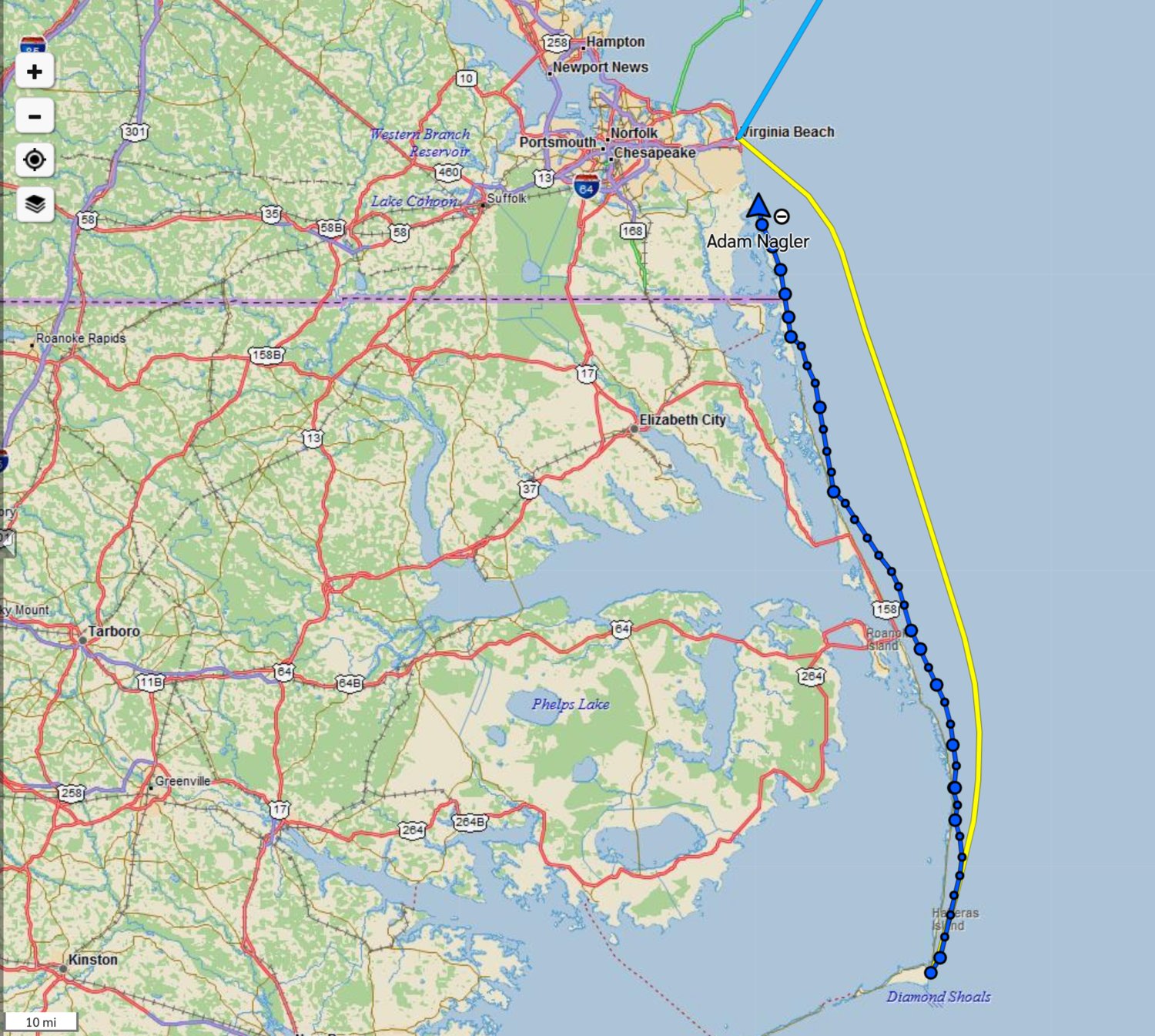 The dotted blue line shows Adam Nagler's actual route. He is hoping to reach Cape Henry (just north of Virginia Beach) today before the wind direction shifts against him.