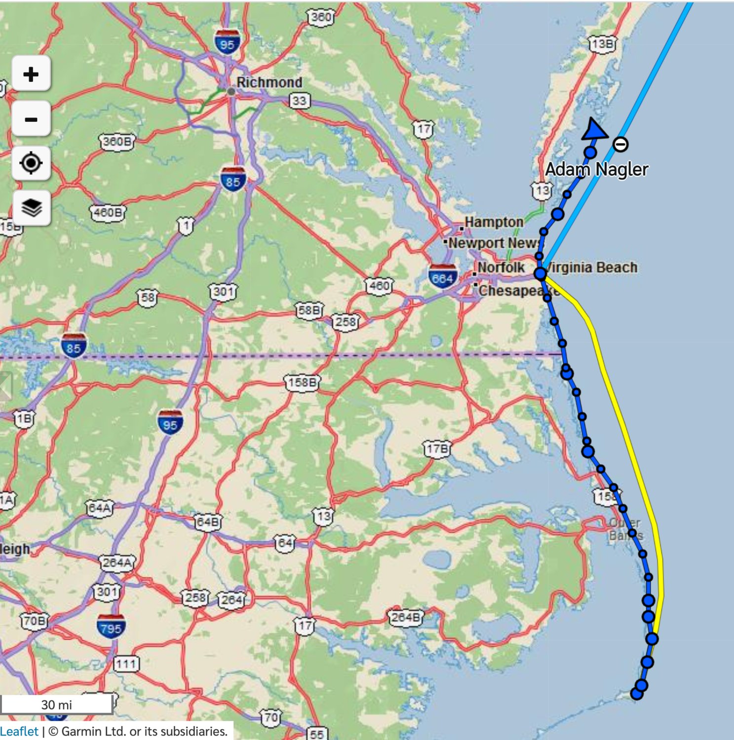 The blue-dotted line represents the path Adam Nagler has taken so far.