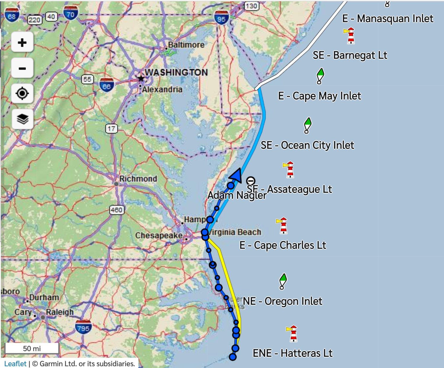 Adam Nagler is midway through the second leg of his four-leg journey. His next resupply stop is Cape Henlopen, Delaware (start of the white line).