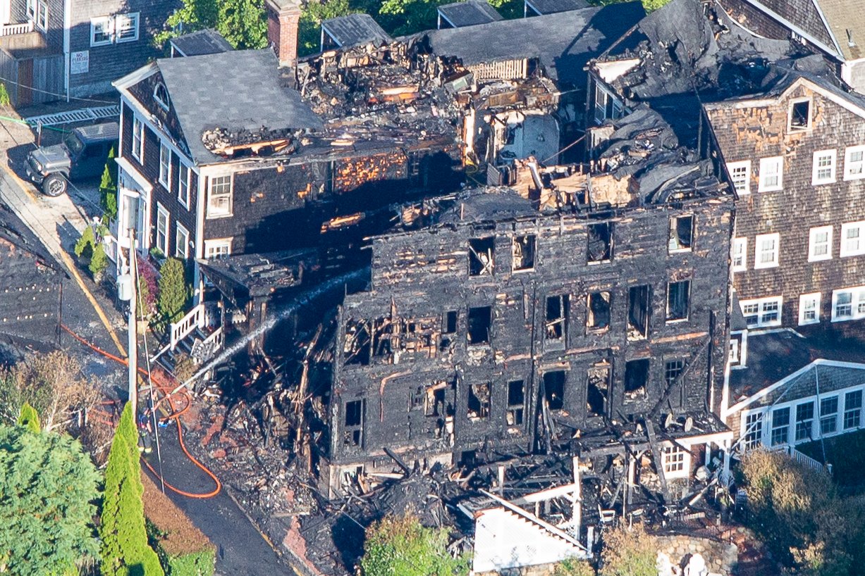 An aerial view of the destruction on Step Lane.
