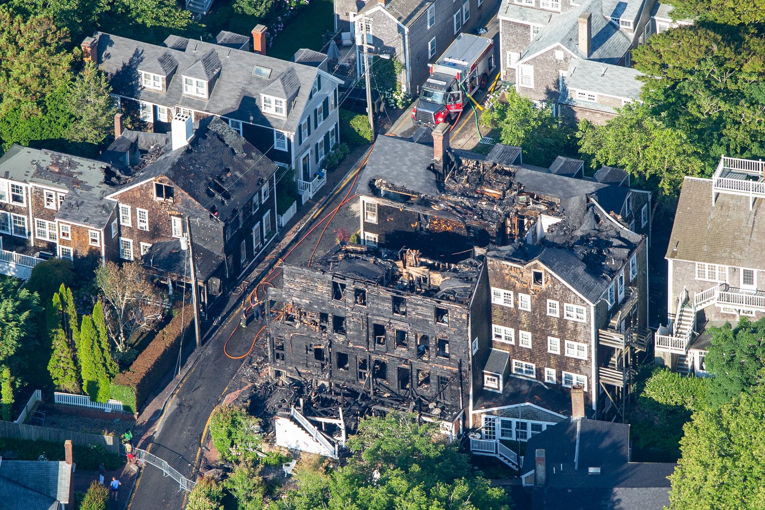 An aerial view of the destruction on Step Lane.