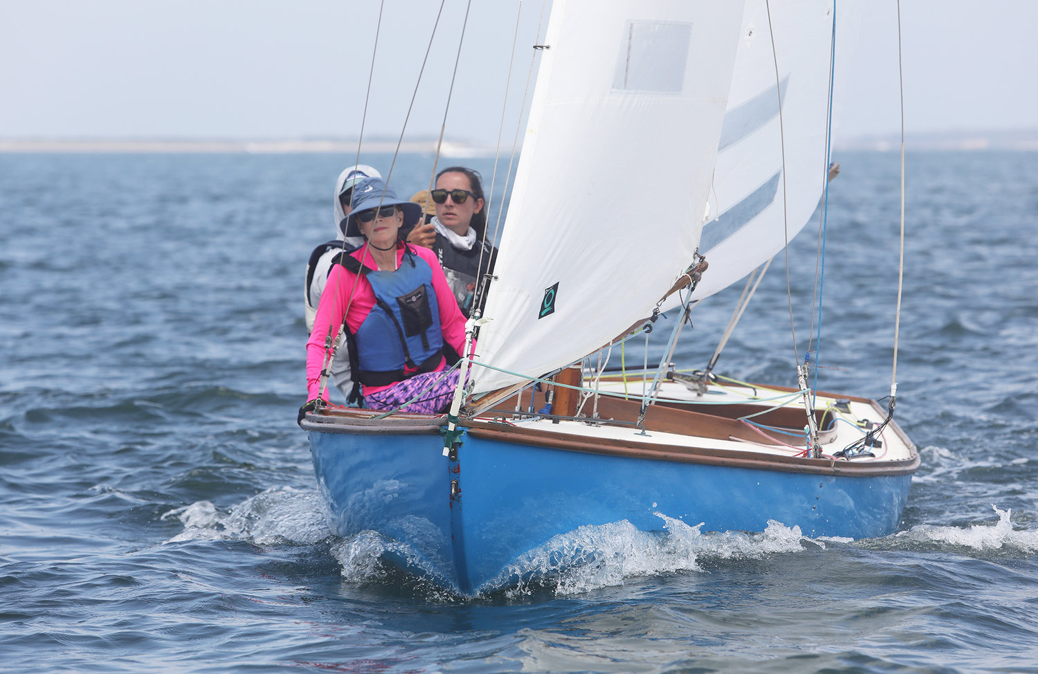 Lucinda Ballard aboard the Sassaquin (44) competing in the Indian division of the One Design Regatta in Nantucket Harbor on the opening day of Race Week 2021.