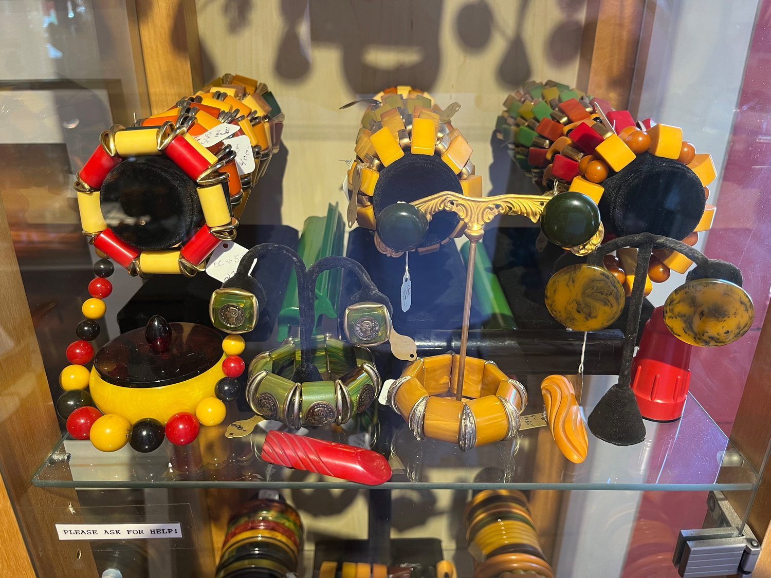 A small sample of the gallery’s extensive collection of vintage Bakelite jewelry.