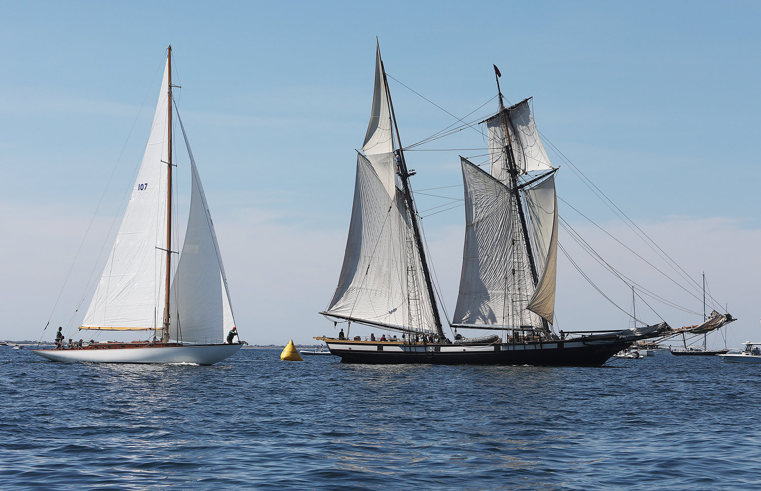 The sloop Polly  and the tall ship Lynx at the start of the Opera House Cup race on Sunday in Nantucket Sound.