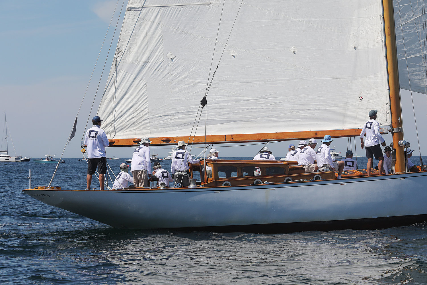The crew of The Blue Peter at the start of the Opera House Cup race on Sunday in Nantucket Sound.
