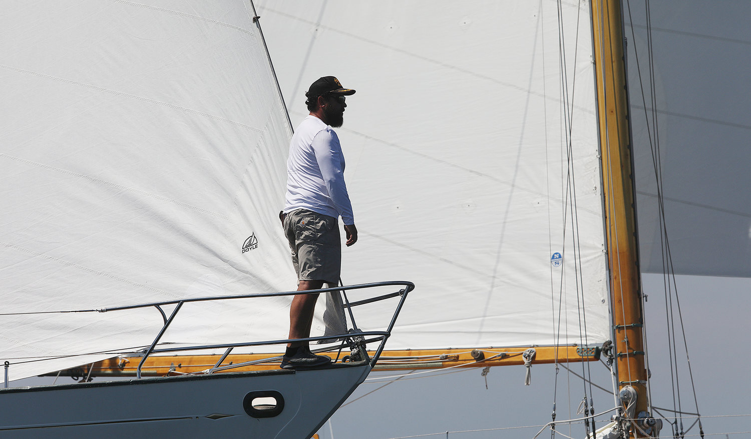 A crew member of the Black Watch mans the jib during the Opera House Cup race on Sunday in Nantucket Sound.