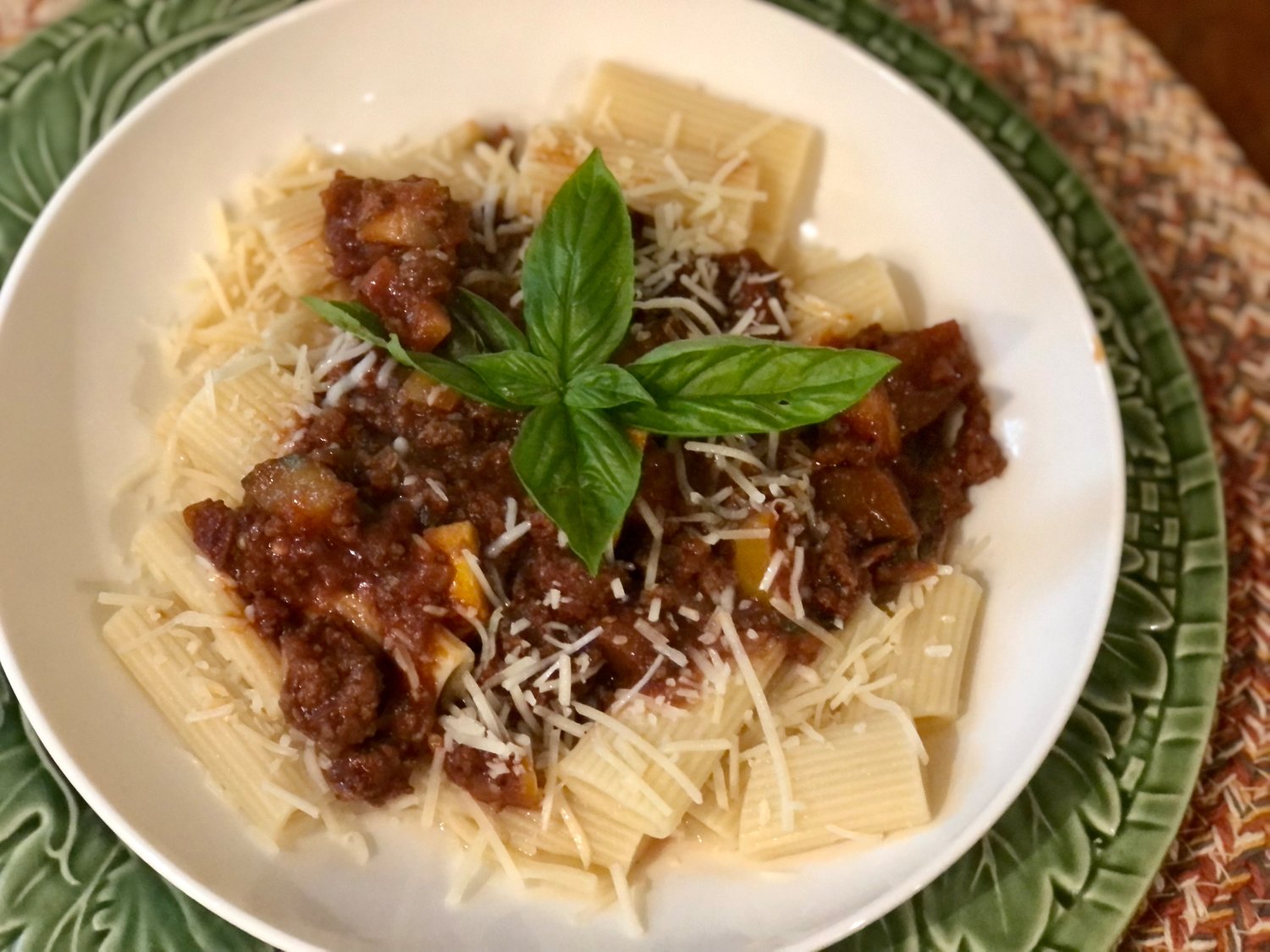 This Bolognese sauce is enriched with sautéed chunks of eggplant, zucchini and peppers.
