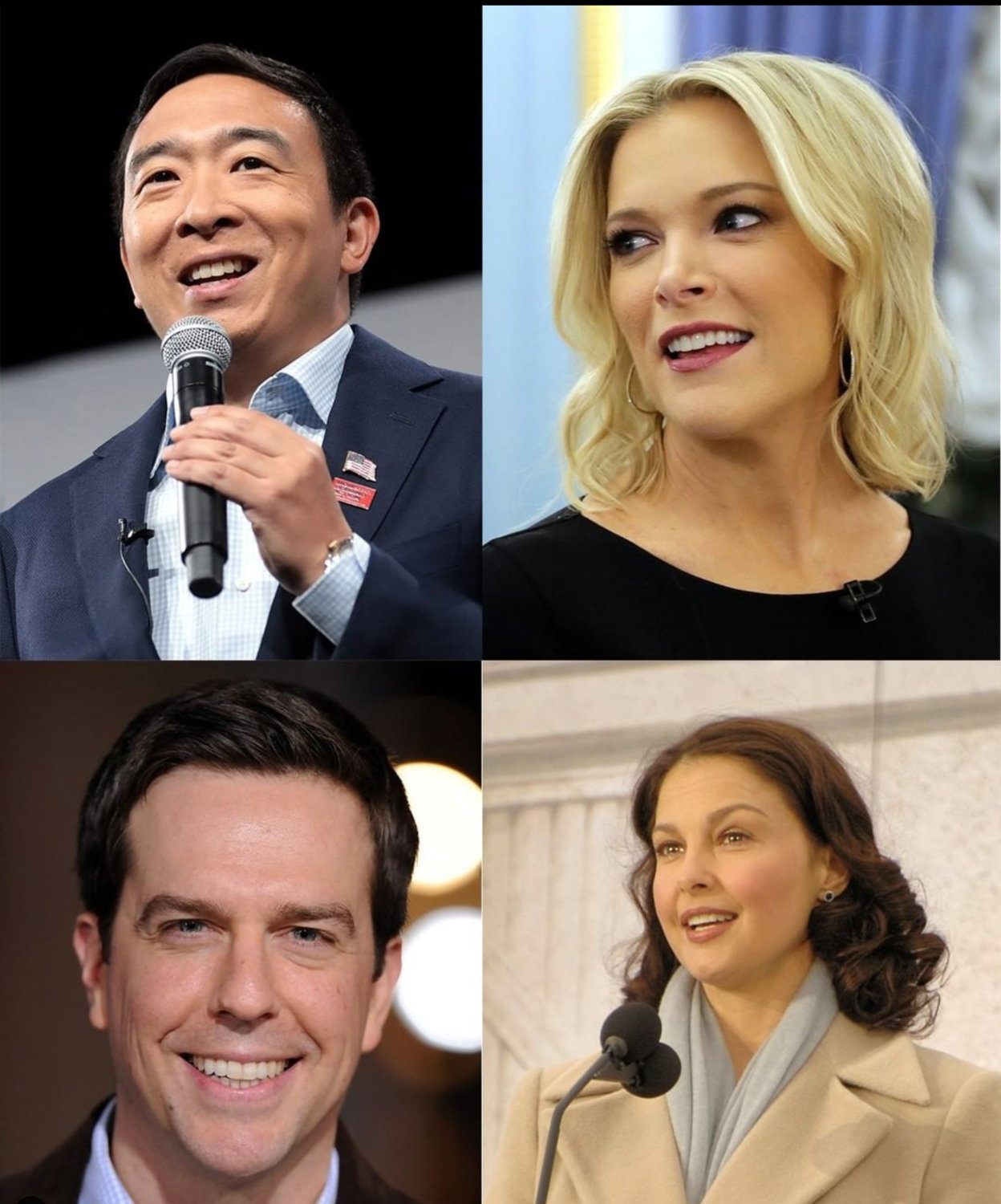 Clockwise from top left: Andrew Yang, Megyn Kelly, Ashley Judd and Ed Helms