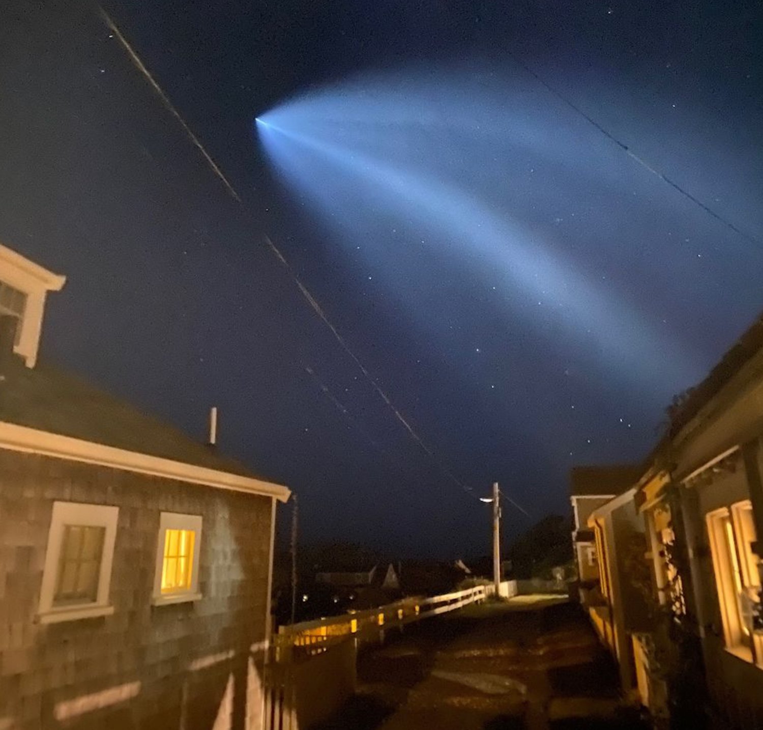 This white light seen streaking across the Nantucket sky Saturday night was a SpaceX Falcon 9 rocket.