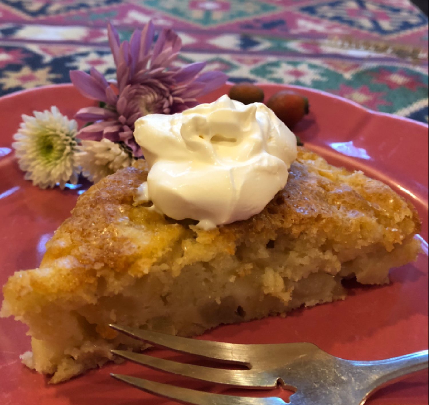 While traditional French apple cakes are typically made with rum, I&M food writer Sarah Leah Chase prefers to use Calvados – Normandy’s apple brandy – or Cognac instead. The flavor of the alcohol does not end up dominant in the end result.