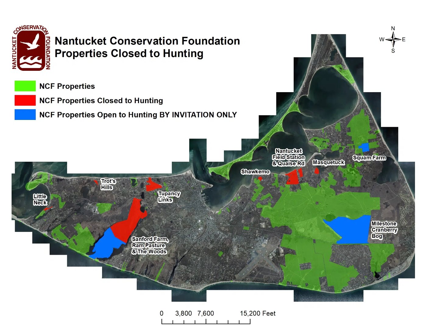 Nantucket Conservation Foundation properties open and closed to deer hunting.