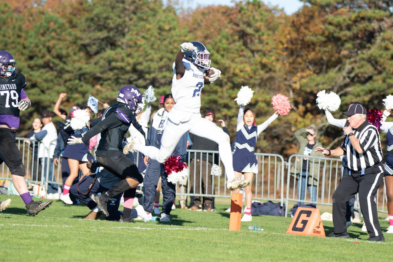 Running back Jayquan Francis leaps into the end zone during Saturday's Island Cup on Martha's Vineyard. The junior scored on a 19-yard touchdown run during the Whalers' 14-13 loss.