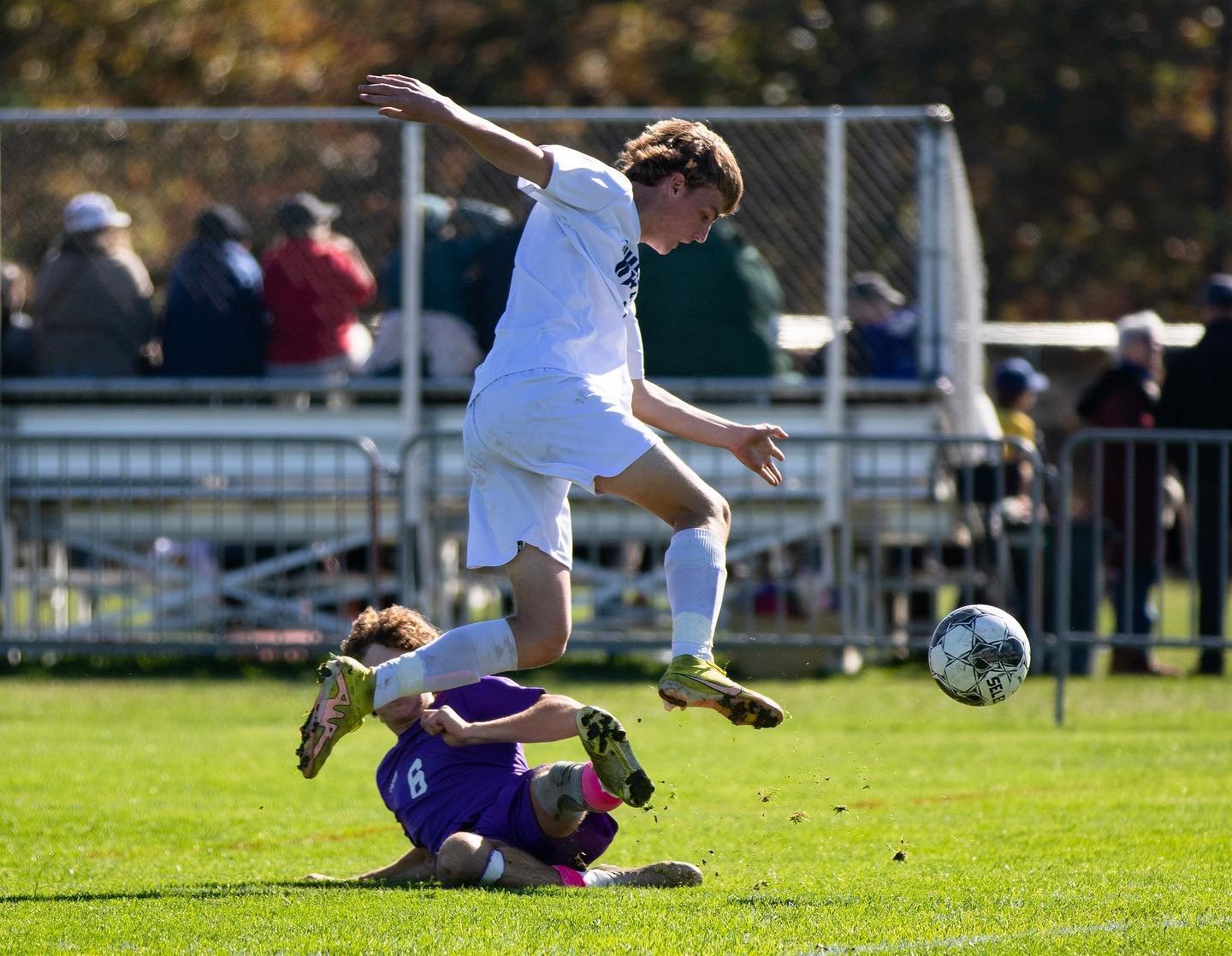 Jake Johnson dribbles past a Martha's Vineyard defender during the Whalers' 3-0 loss Saturday.