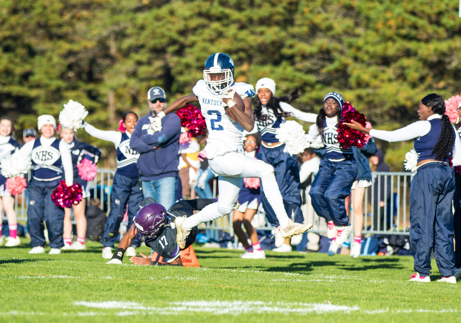 Jayquan Francis high-steps into the end zone on a would-be touchdown run that was called back due to a penalty. Nantucket fell to Martha’s Vineyard 14-13.