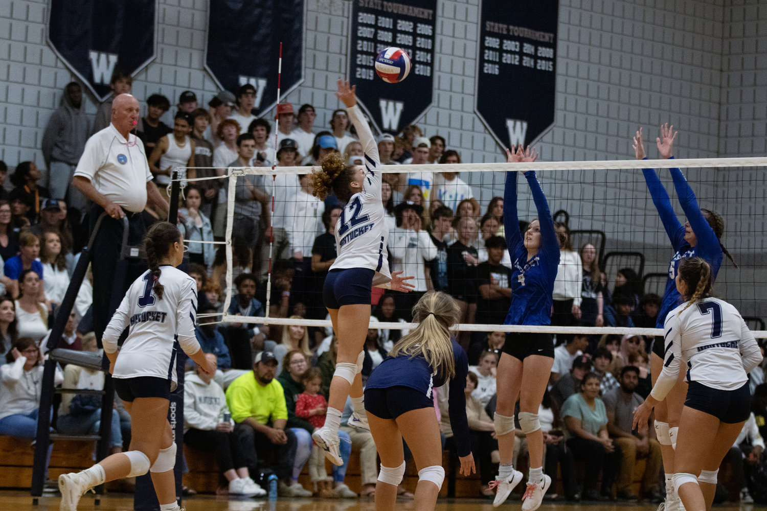 Chloe Marrero goes up for the kill during the Whalers' 3-1 win over Assabet Valley.