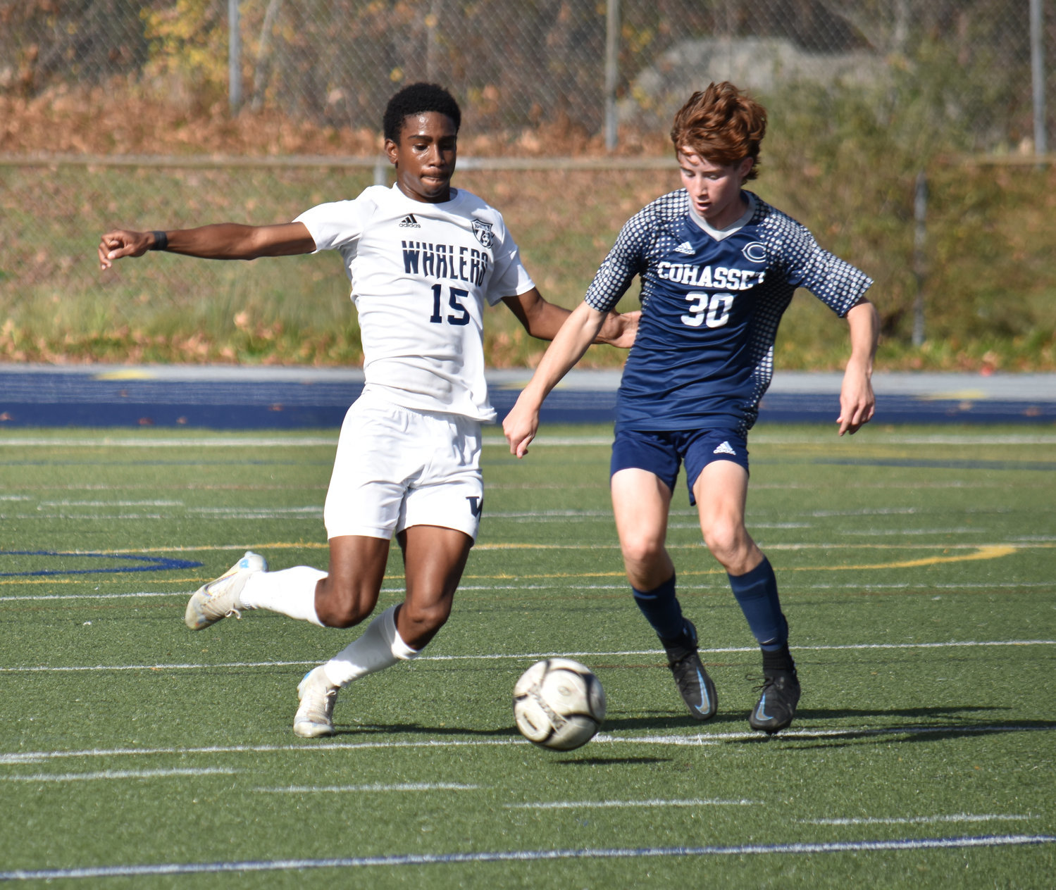 Rodane Watson goes in for a challenge in Saturday’s 1-0 loss to Cohasset.