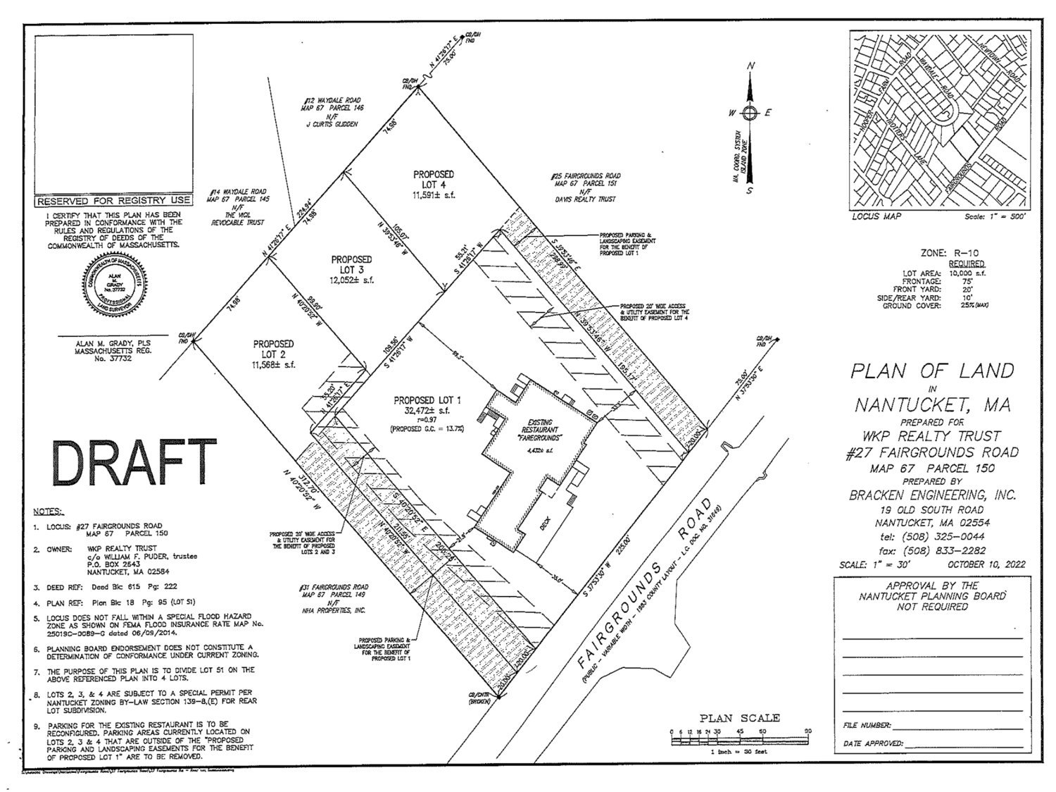 The approved plan creates three house lots at the rear of the 27 Fairgrounds Road property with the restaurant in the front.