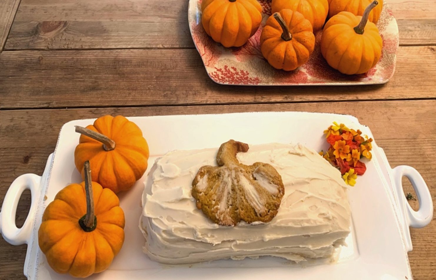 Instead of pumpkin pie, try a pumpkin roll with brown butter frosting for dessert.