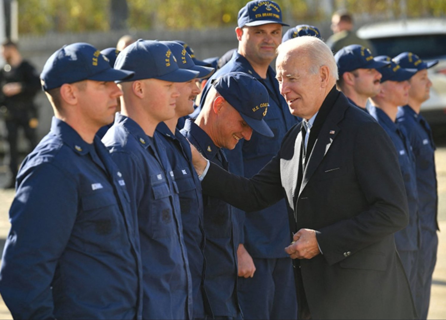 President Joe Biden visits with members of Coast Guard Station Brant Point on Thanksgiving morning last year.