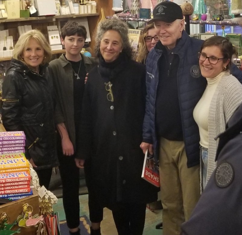 The Bidens with the staff of Nantucket Bookworks.