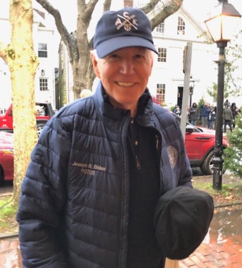 The president sports his new ACK 4170 hat on Federal Street Friday.